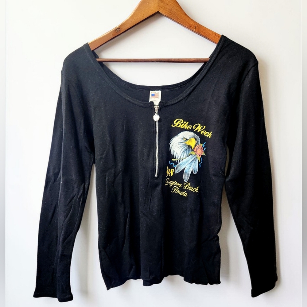 Vintage 90s Bike Week Long Sleeve Baby T Shirt Women L Black 1/4 Zip Daytona USA